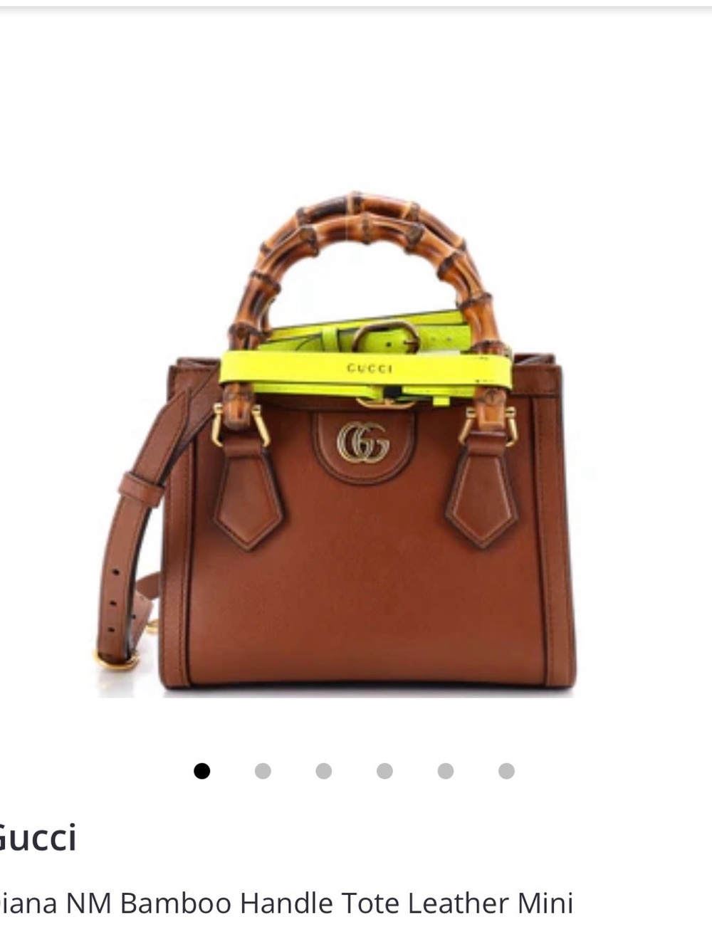 Gucci Brown Leather Mini Tote with Bamboo Handle and Neon Yellow Accent